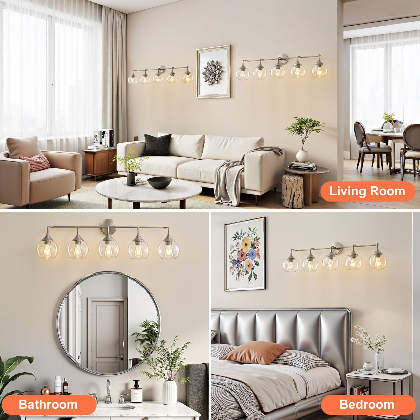 Gednbo Bathroom Vanity Lights With Clear Glass Shade  E26 Base  Vanity Lighting Fixtures Over Mirror  39 Inch Vanity Lights For Bathroom (Exclude E26 Bulb) (Brushed Nickel  5-Lights)