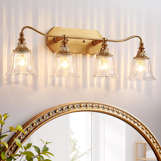 Lmnlvn Bathroom Vanity Gold Light Fixture  4 Lights Bathroom Lighting Matte Antique Brass Finish With Crystal Glass Shade  Gold Vintage Vanity Light For Bathrooms