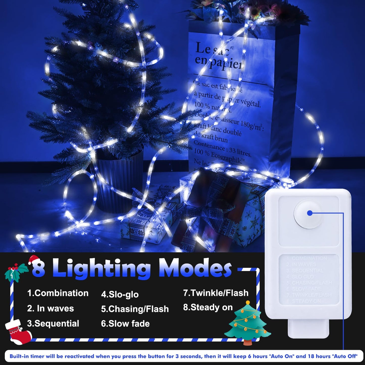 100Ft Led Rope Lights Outdoor  720 Led Connectable And Flexible Tube Lights With 8 Modes  Waterproof Led Rope Lighting For Garden Patio Bedroom Party Pool Indoor Outdoor Christmas Decor (White & Blue)