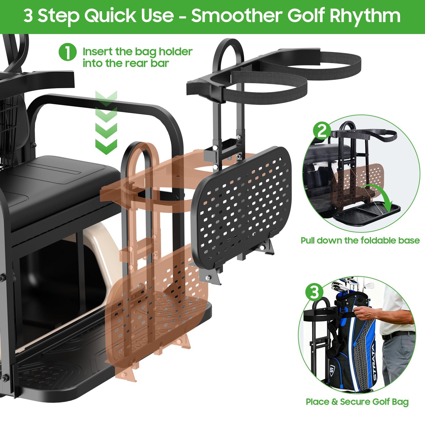 10L0L Universal Golf Cart Bag Holder Rack for EZGO Yamaha Club Car, Foldable Rear Seat Golf Bag Rack Accessory with Adjustable Height and Anti-Shake Design