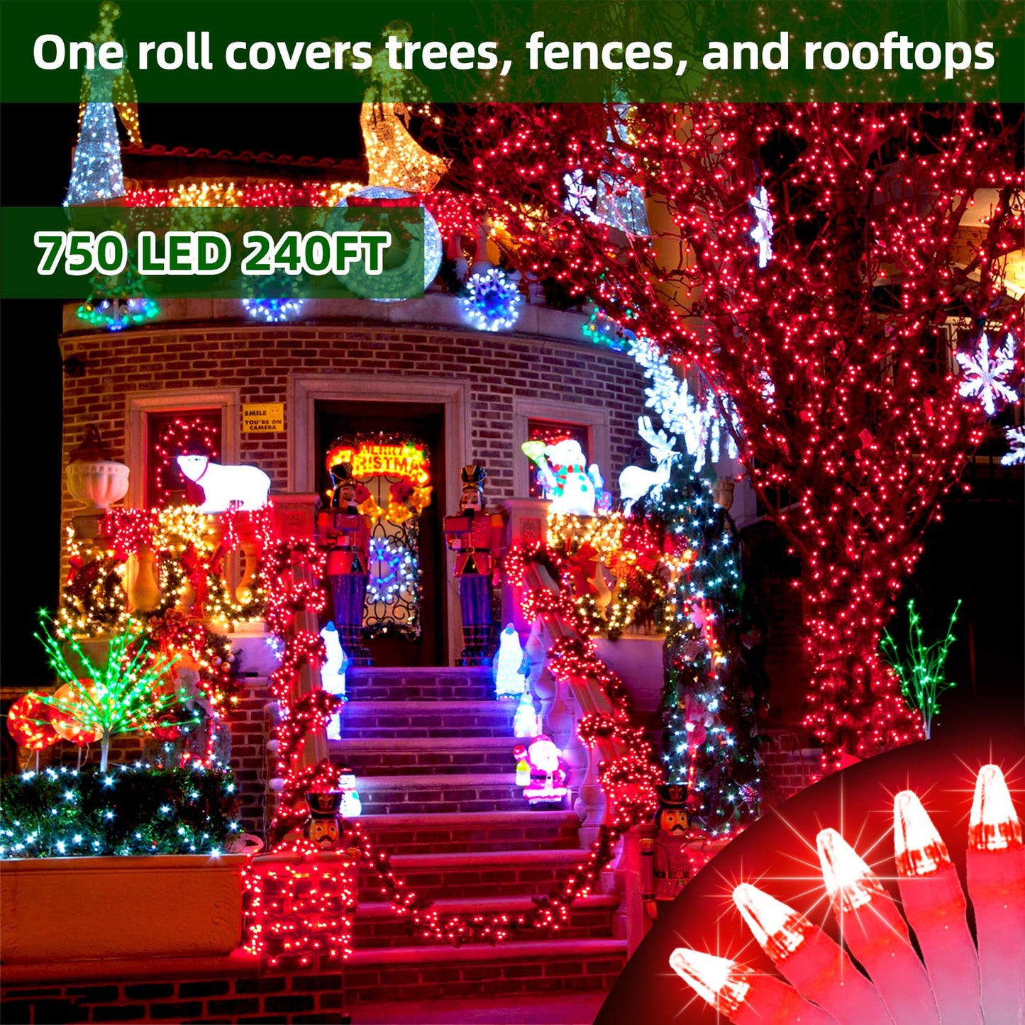 Quhuatu 750 Led Chrstmas Lights  240Ft Outdoor Christmas String Lights With 12 Modes  Red Led String Lights With Timer Dimmable Waterproof For Tree Fence Garden Xmas Wedding Party Decor Red