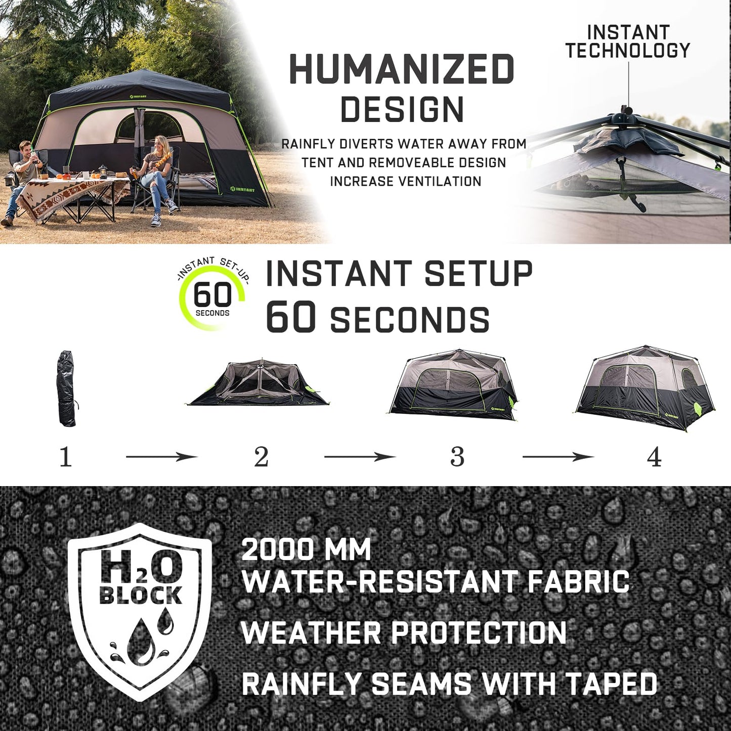 HINSTANT 4/6/8 Person Instant Tent, Waterproof Pop Up Tents for Camping with Rainfly, 60 Seconds Easy Setup, Automatic Cabin Tent for Family Camping with Expandable Carry Bag & Upgraded Ventilation