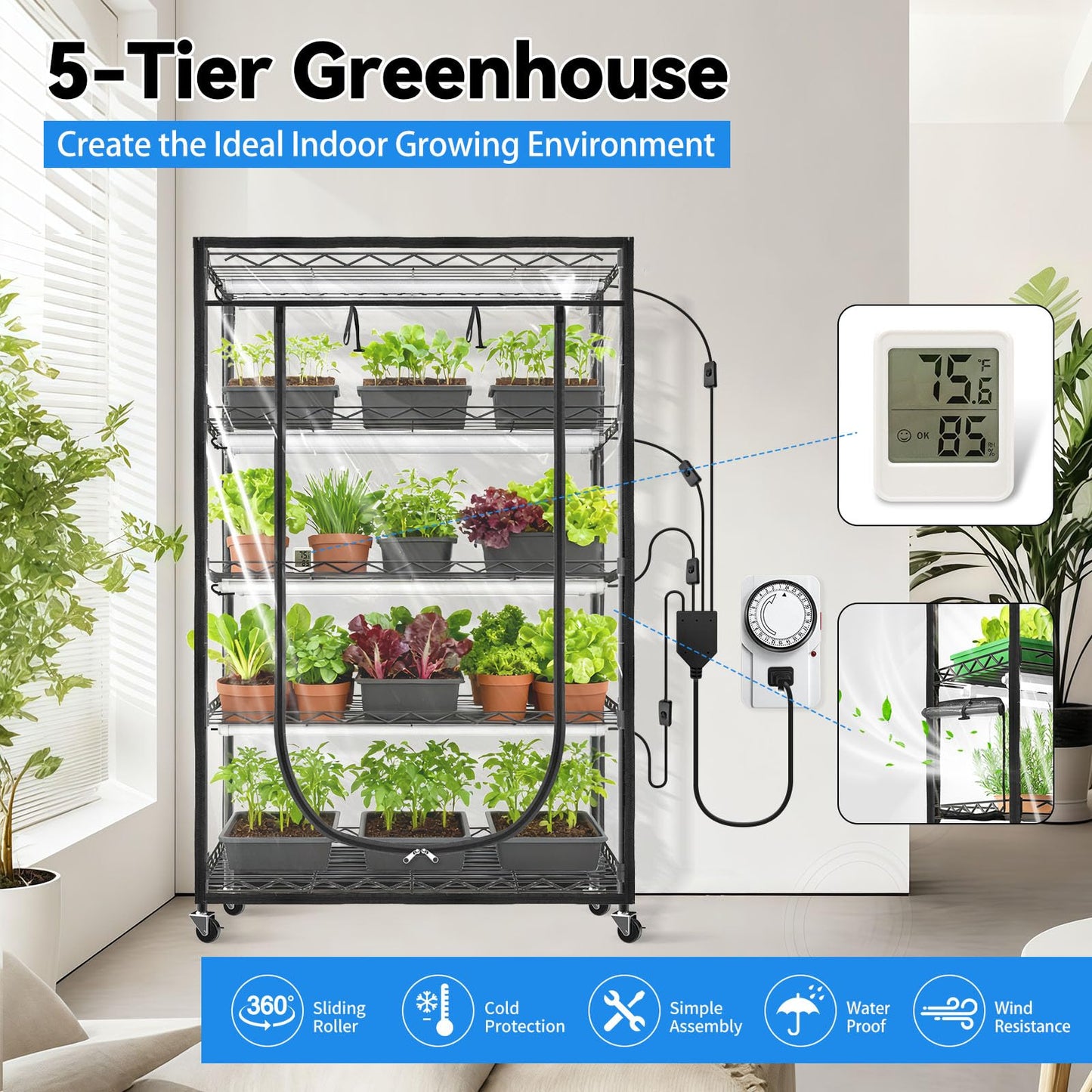 Jesled Indoor Greenhouse With Grow Light  3Ft Full Spectrum 5000K Led Light For Seed Starting  Tiered Lighting Control  Built-In Timer & Thermo-Hygrometer  Rolling Metal Plant Stand (35.4X13.8X70In)