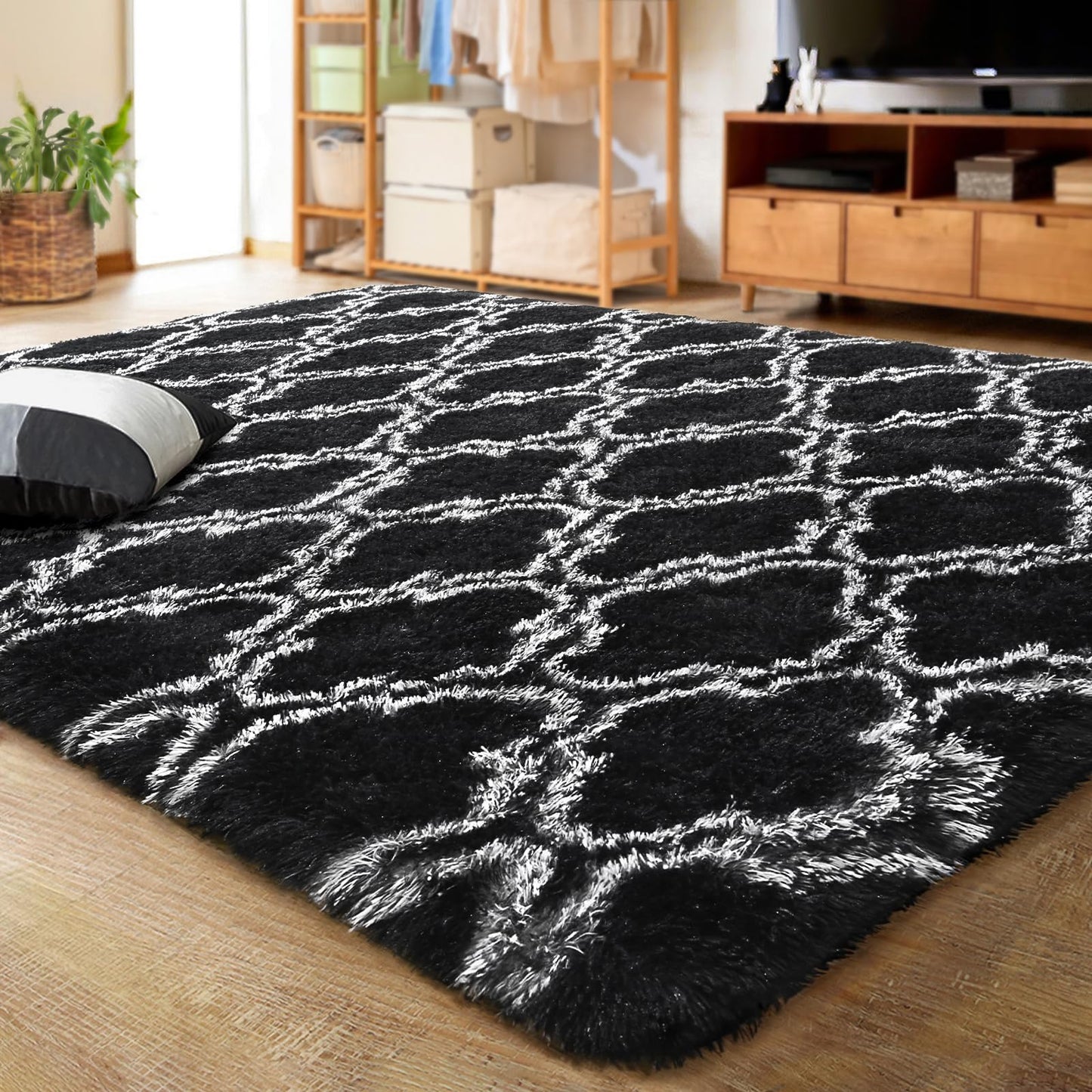 LOCHAS Luxury Shag Area Rug 4x6 Feet Geometric Plush Fluffy Rugs, Extra Soft Carpet Moroccan Rugs for Bedroom Living Room Dorm Kids, High Pile Shaggy Floor Rug Decor, Dark Grey/White
