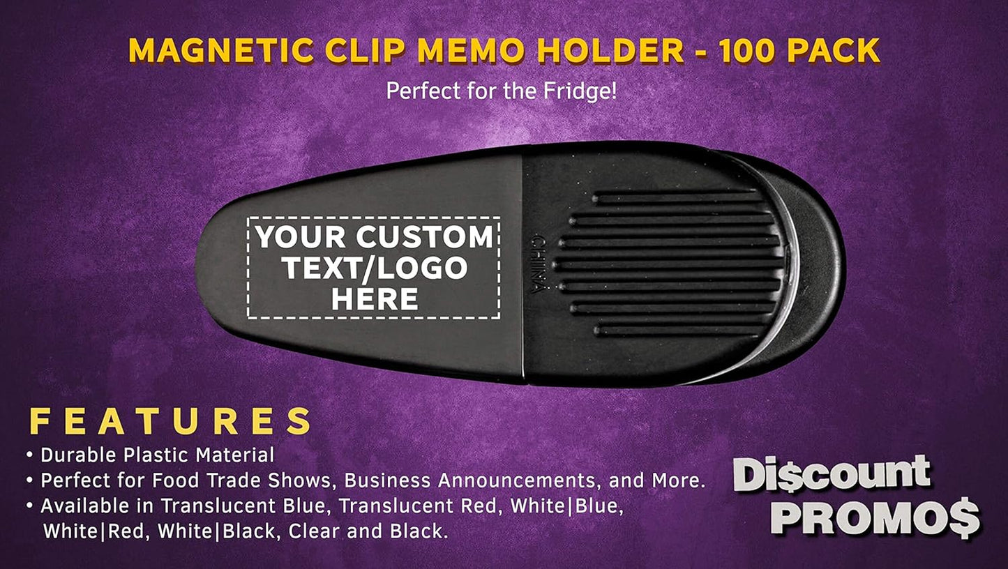 100 Magnetic Memo Holders Set - Customizable Text, Logo - Large Clip, Plastic - Black