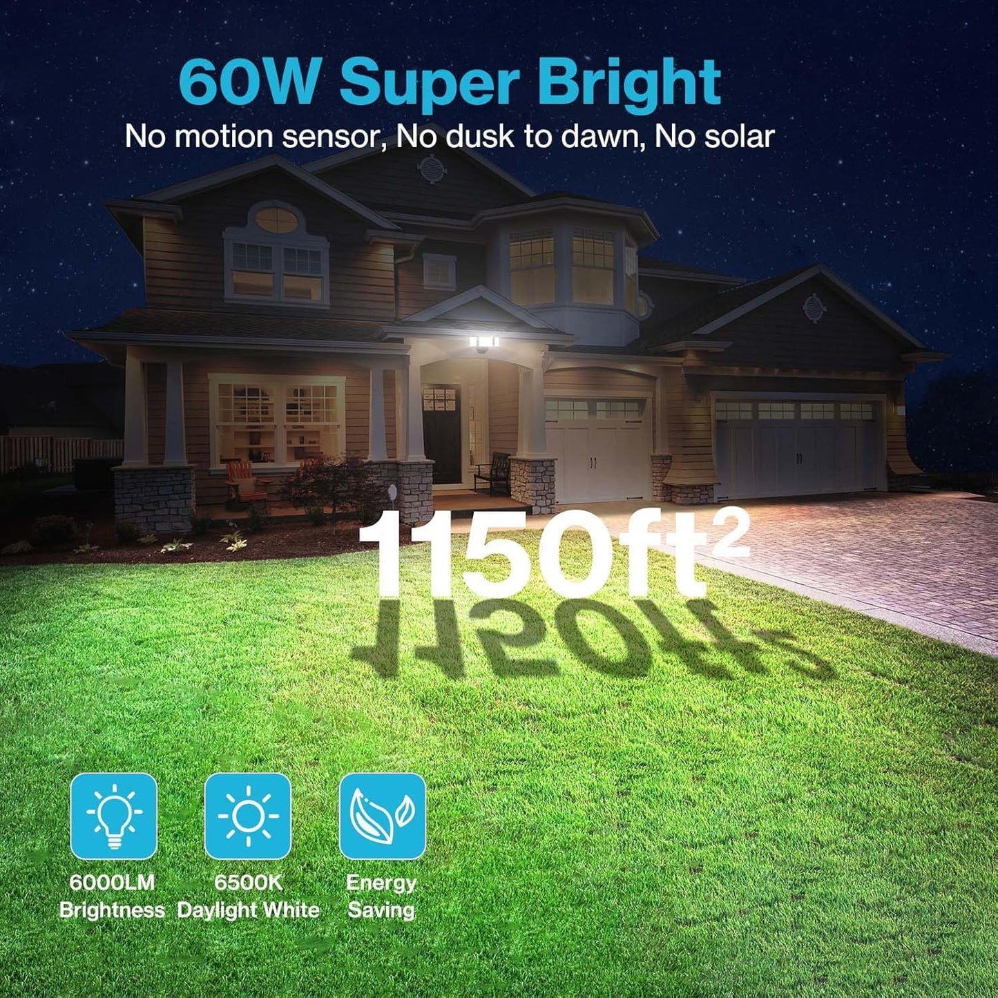 Olafus 60W Flood Lights Outdoor 2 Pack, 6000LM, 6500K, IP65 Waterproof, Black, Model BDB50-3