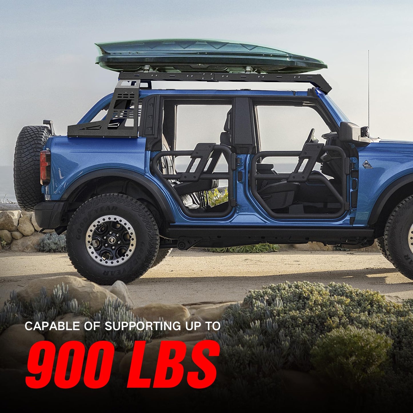 YZONA for Bronco Roof Rack Hard Top Cargo Basket with Rear Window Panel & 4 LED Lights Compatible with 2021-2026 Ford Bronco 4 Doors Soft Top and Removing Hardtop, Rooftop Rack Carrier Luggage Holder