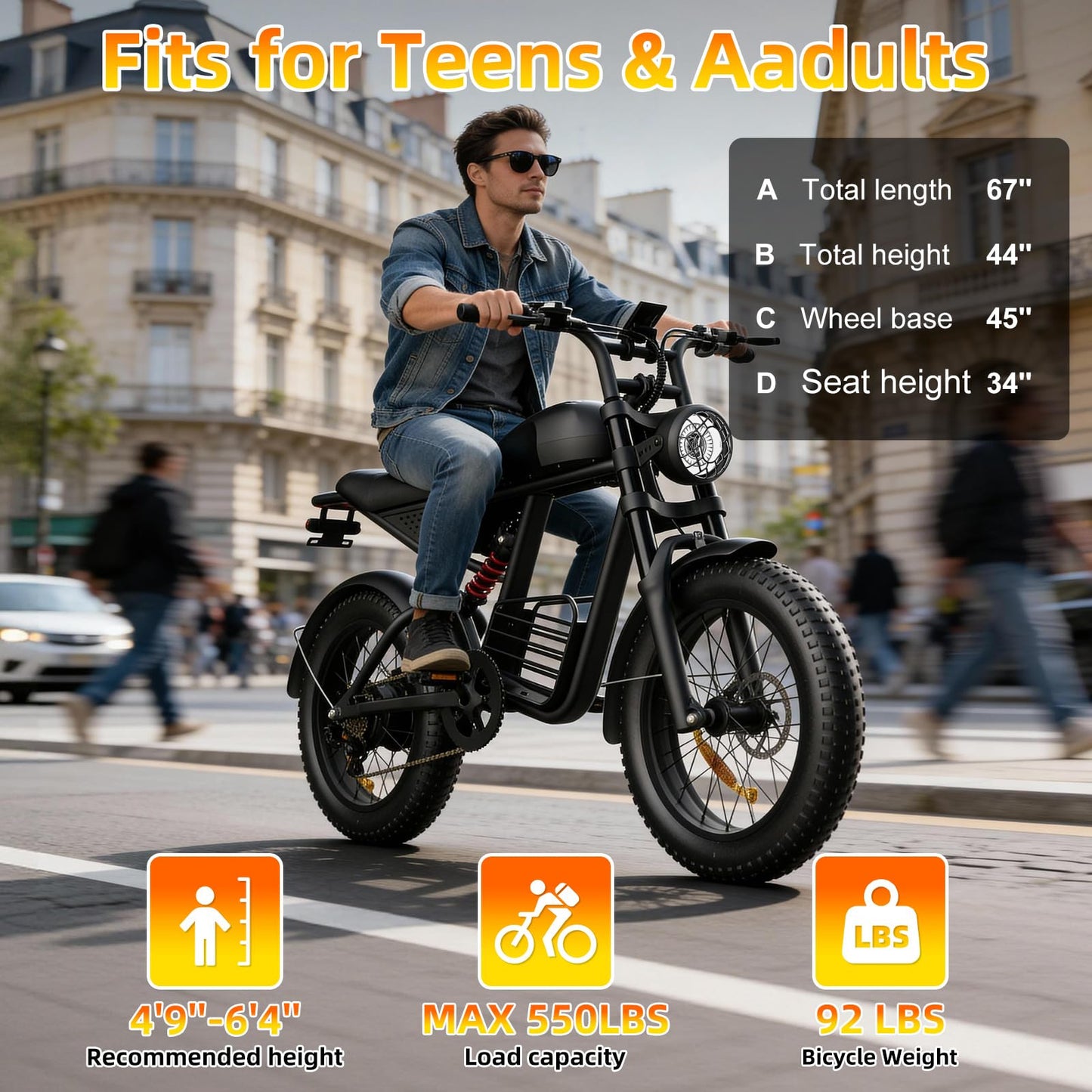 YUCHETX 20" Electric Bike for Adults with 1500W/3000W Peak Dual Motor,Max Speed 30MPH,Up to 50Miles,Moped ebikes with 15.6Ah Battery,Shipped from USA Warehouse