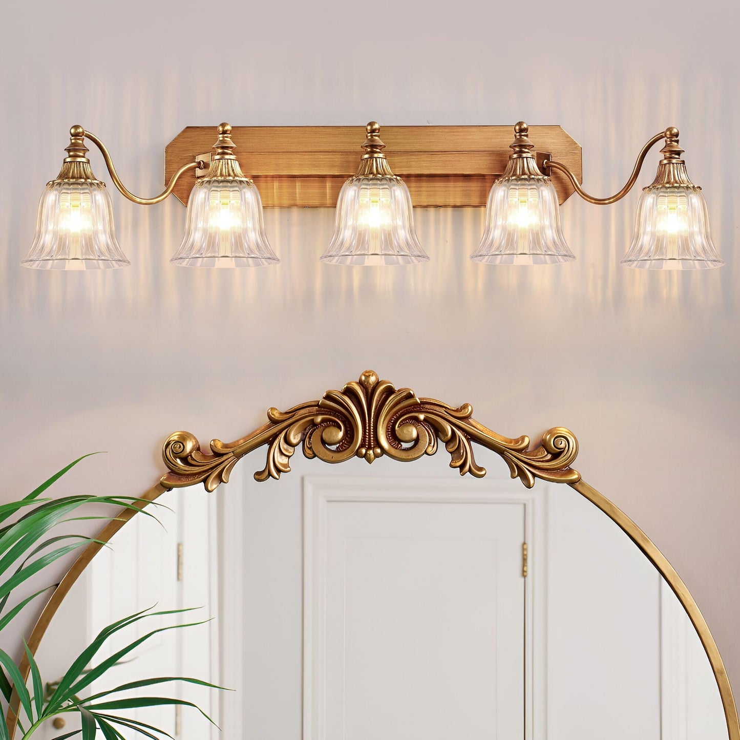 Dvmteom Gold Vintage Bathroom Light Fixtures  5-Lights Bathroom Vanity Light  Antique Brushed Gold Lighting Fixtures Over Mirror With Crystal Glass Shade  Wall Sconce Lighting