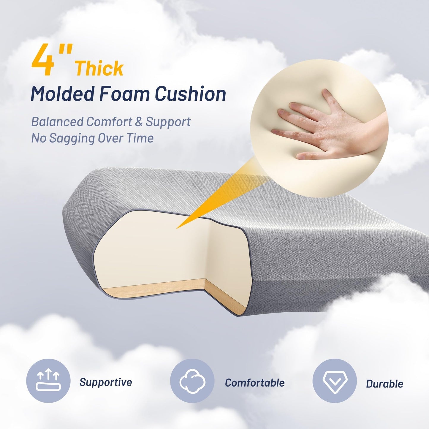 QLTPLUS Office Chair for Long Hours & Lower Back Pain Relief – 4" Thick Molded Foam Cushion, Enhanced Lumbar Support, Flip-up Armrests, Light Gray