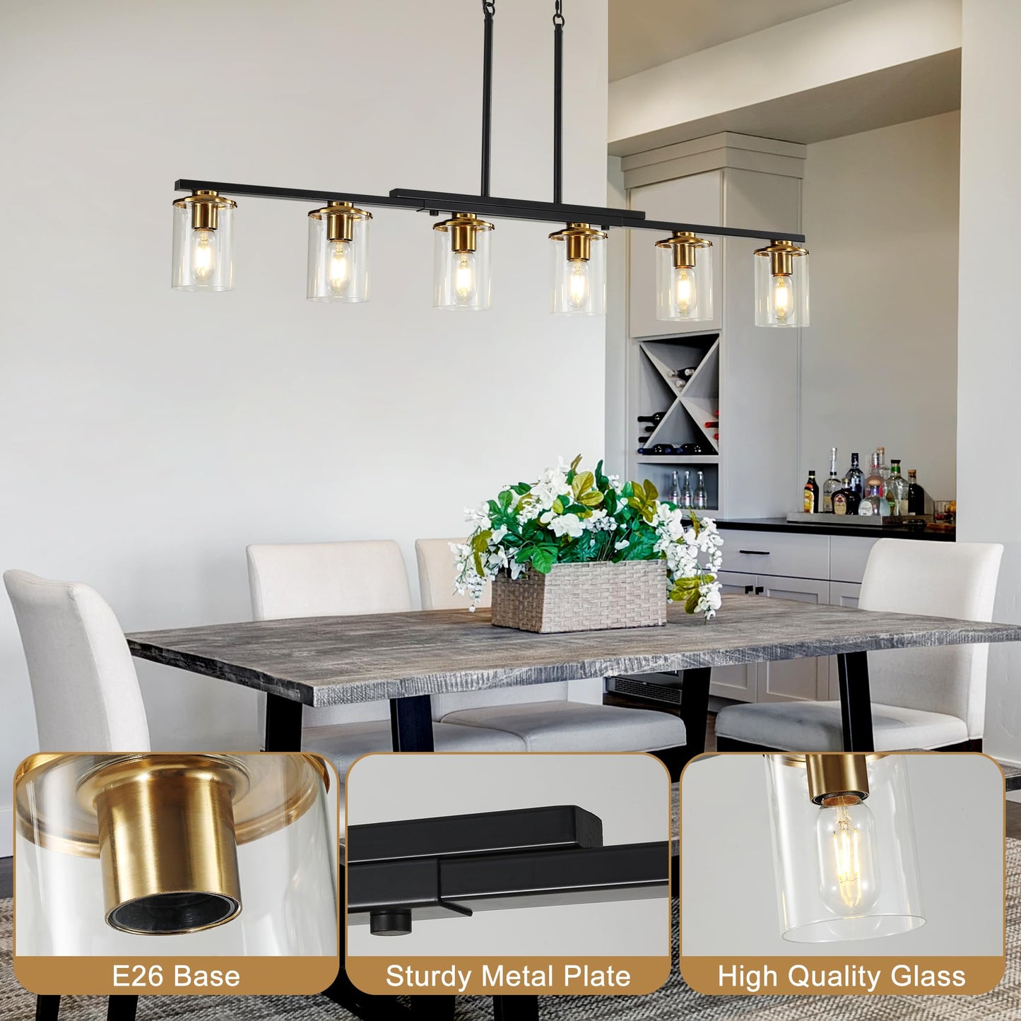 Xvmbvm 6-Light Kitchen Island Lighting Dining Room Lights Modern Farmhouse Chandelier With Clear Glass Shade Modern Rustic Black And Gold Metal Chandelier  Kitchen Pendant Light Fixtures Over Table