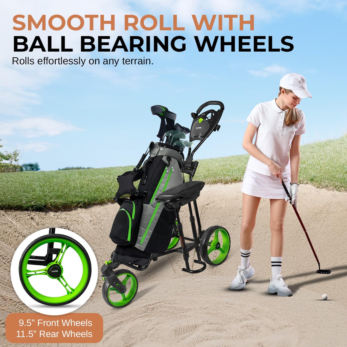 JOVIAL Golf Push Cart 3 Wheel - Lightweight Steel Frame Foldable Golf Bag Cart with Padded Adjustable Handle, Quick Brake System, Deluxe Scorecard Holder, Patented Bag Holder for Different Terrain