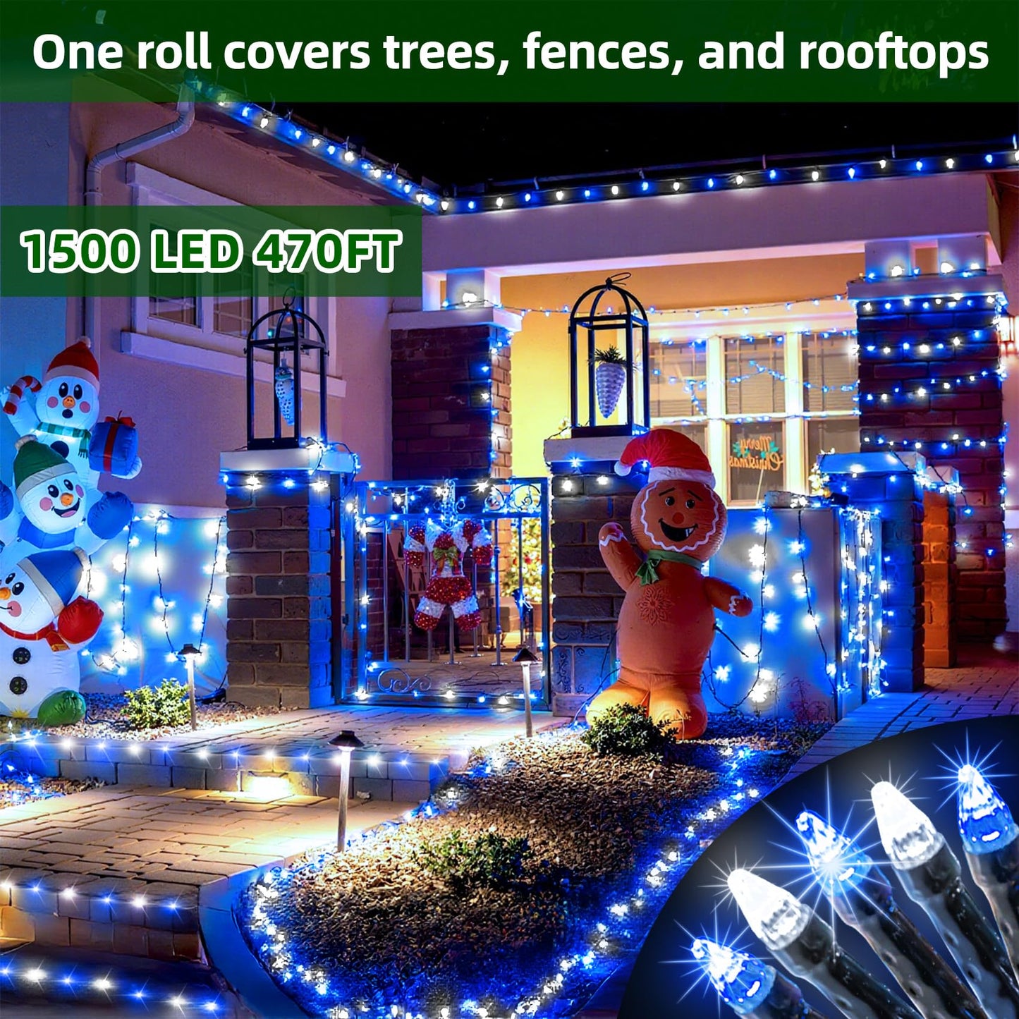 1500 Led 470Ft Christmas Lights Outdoor 12 Lighting Modes Christmas String Lights With Timer  Dimmable Blue Cool White Led Stringlights Waterproof For Yard Wedding Party Holiday Decor Blue&Coolwhite