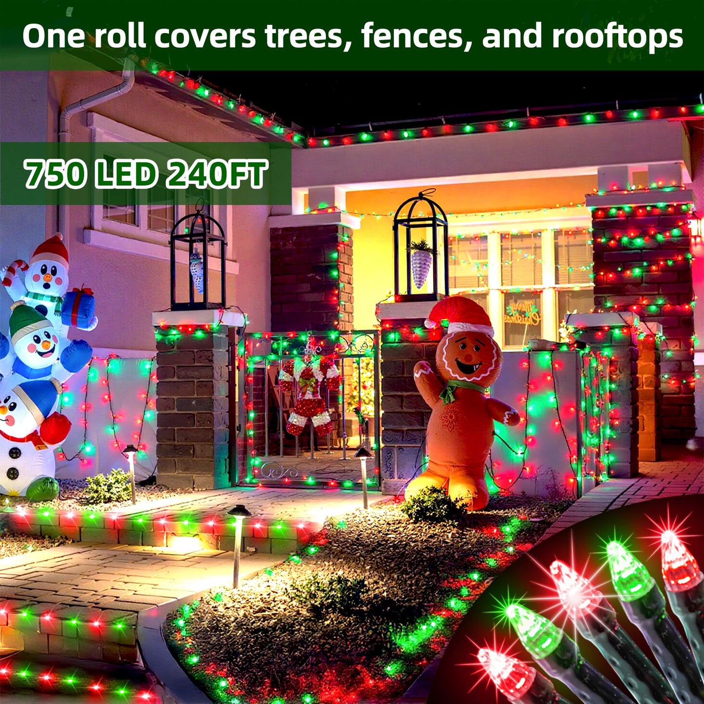 Quhuatu 750 Led 240Ft Christmas Lights Outdoor 12 Lighting Modes Christmas String Lights With Timer  Dimmable Red & Green Led Stringlights Waterproof For Yard Tree Wedding Party Holiday Red & Green