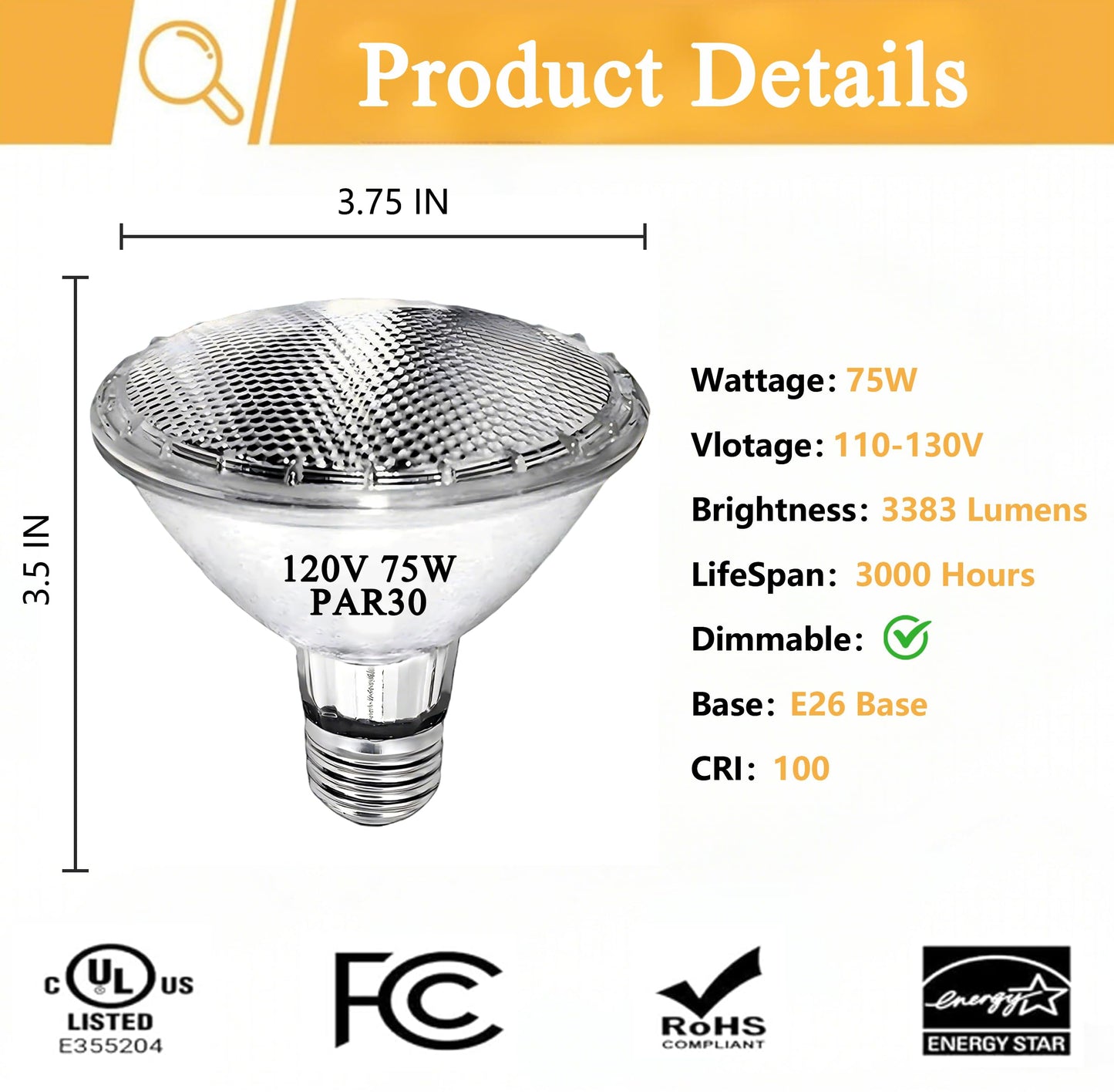 Lachesan 120V 75W Par30 Halogen Flood Light Bulbs Short Neck Bulb 75W Equivalent 2700K Warm White Dimmable High Brightness  Great For Accent Lighting  Tracking Light  Recessed Light Bulb(6Pack