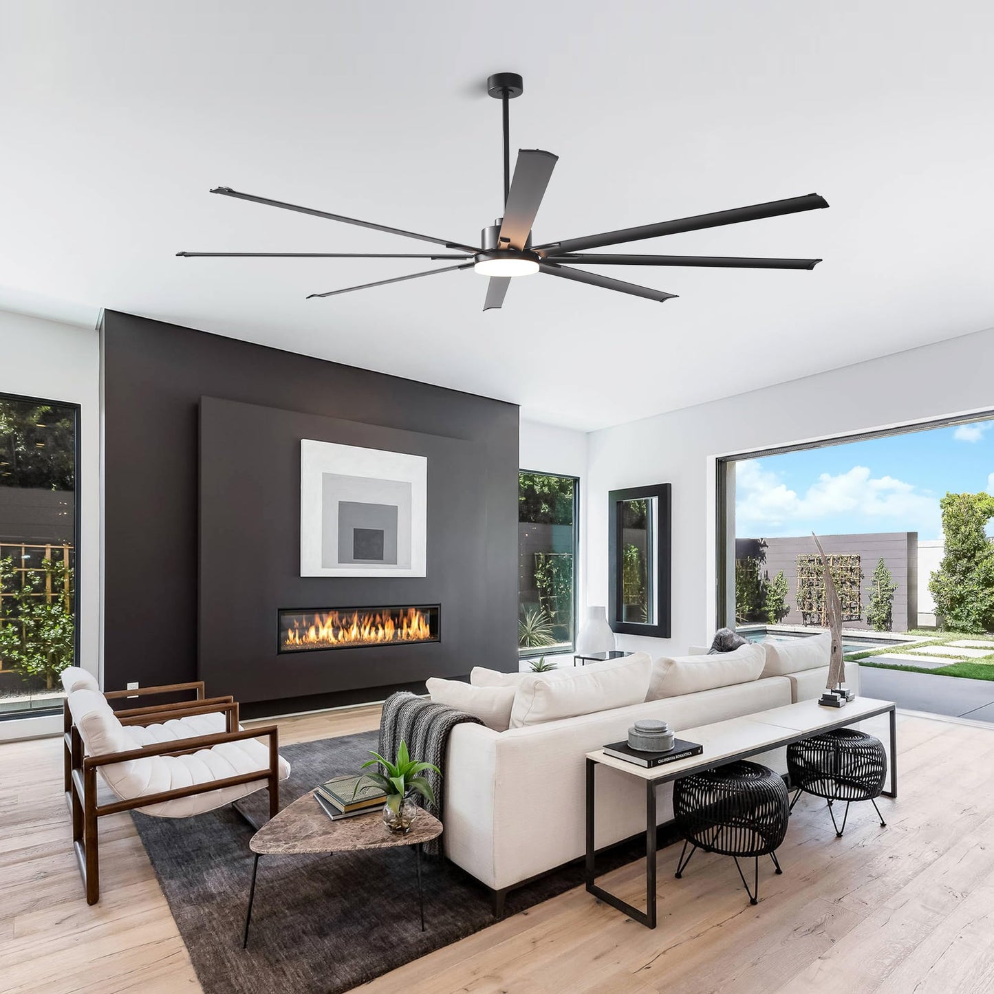 100 Inch Smart Ceiling Fans With Lights And Remote/App Control, Black Large Ceiling Fan With 6-Speed Reversible Dc Motor, Dimmab