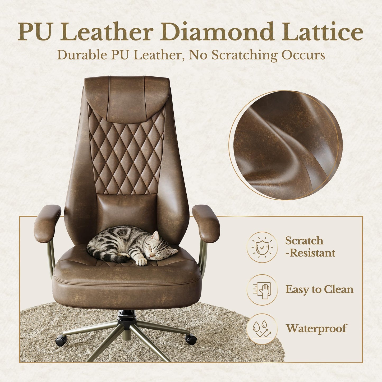 Perledesign High Back Executive Office Chair with Integrated Headrest & Lumbar Support - Ergonomic PU Leather Desk Chair, Adjustable Swivel Computer Chair with Recline Function for Home Office, Brown
