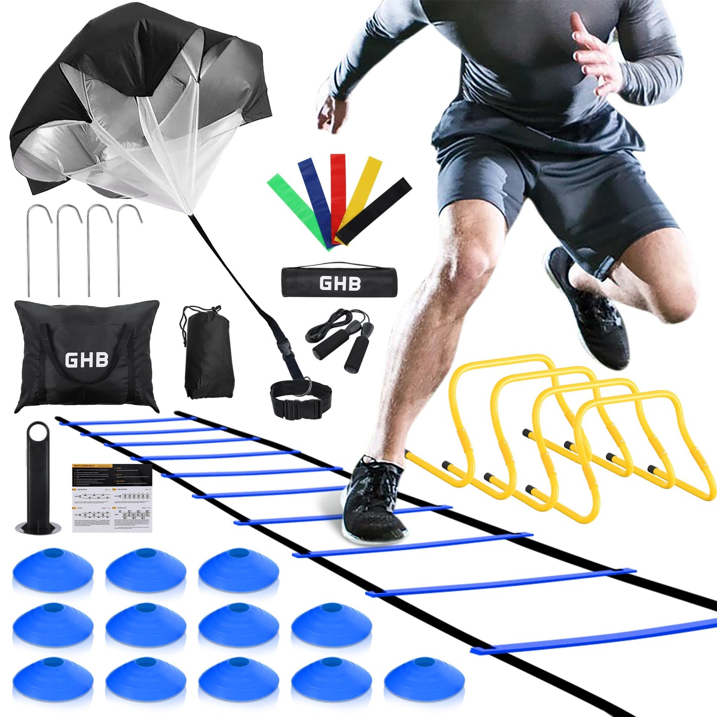 GHB Agility Ladder,Football Training Equipment Set,4 Agility Hurdles, 20 feet12 Rungs Speed Ladder,12 Disc Cones,Resistance Parachute, Jump Rope, 5 Resistance Bands