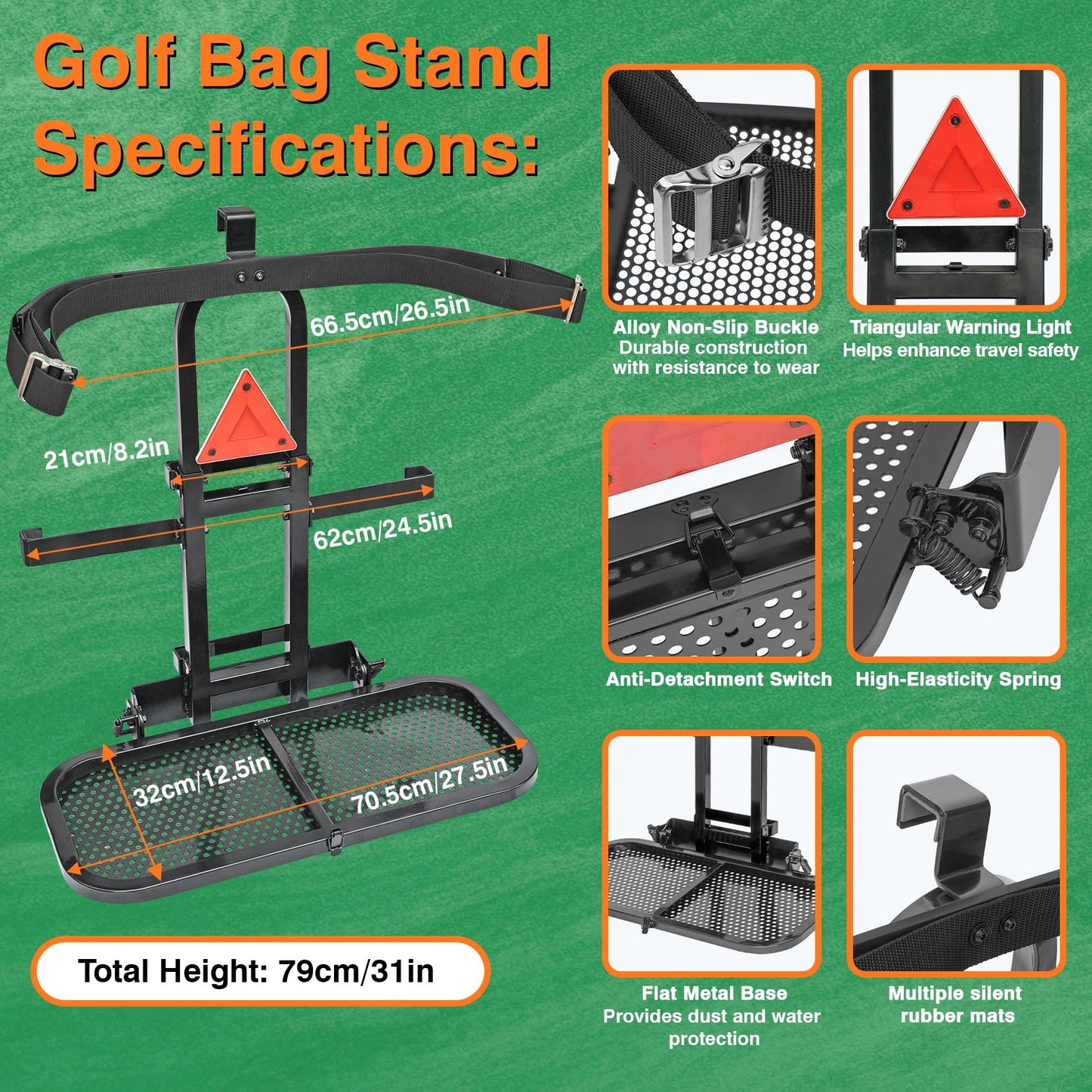 Foldable Golf Cart Rear Seat Bag Holder Fits 4 Seater Golf Cart Bag Holder Compatible with EZGO/Club Car/Yamaha Works for Rear Armrests Up to 8" & 24.5" Wide Equipped with Stainless Steel Buckles