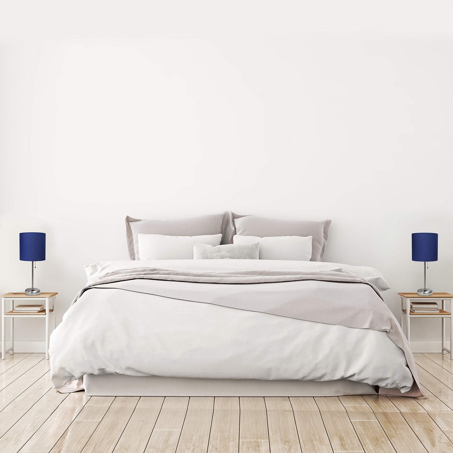 Simple Designs LC2002-NAV-2PK Brushed Steel Table Lamp Set with USB Charging Port, Navy Blue Shades, 2 Pack