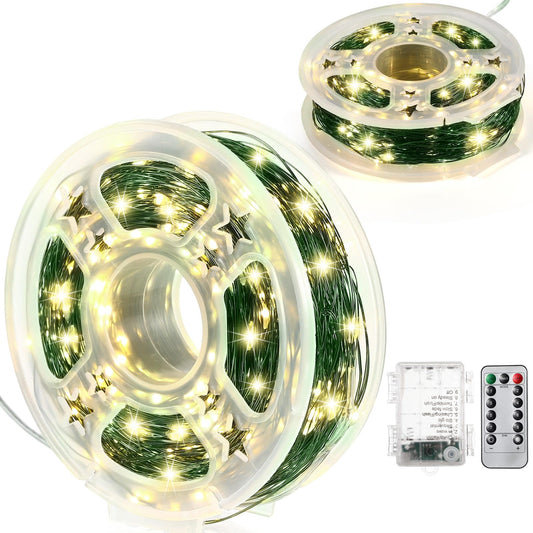 Remagr 2 Pack Christmas Fairy String Lights Battery Operated Green Wire Led Waterproof String Lights With Remote 8 Modes For Christmas Tree Patio Garden Backyard Home Indoor Outdoor (100Ft Warm White)