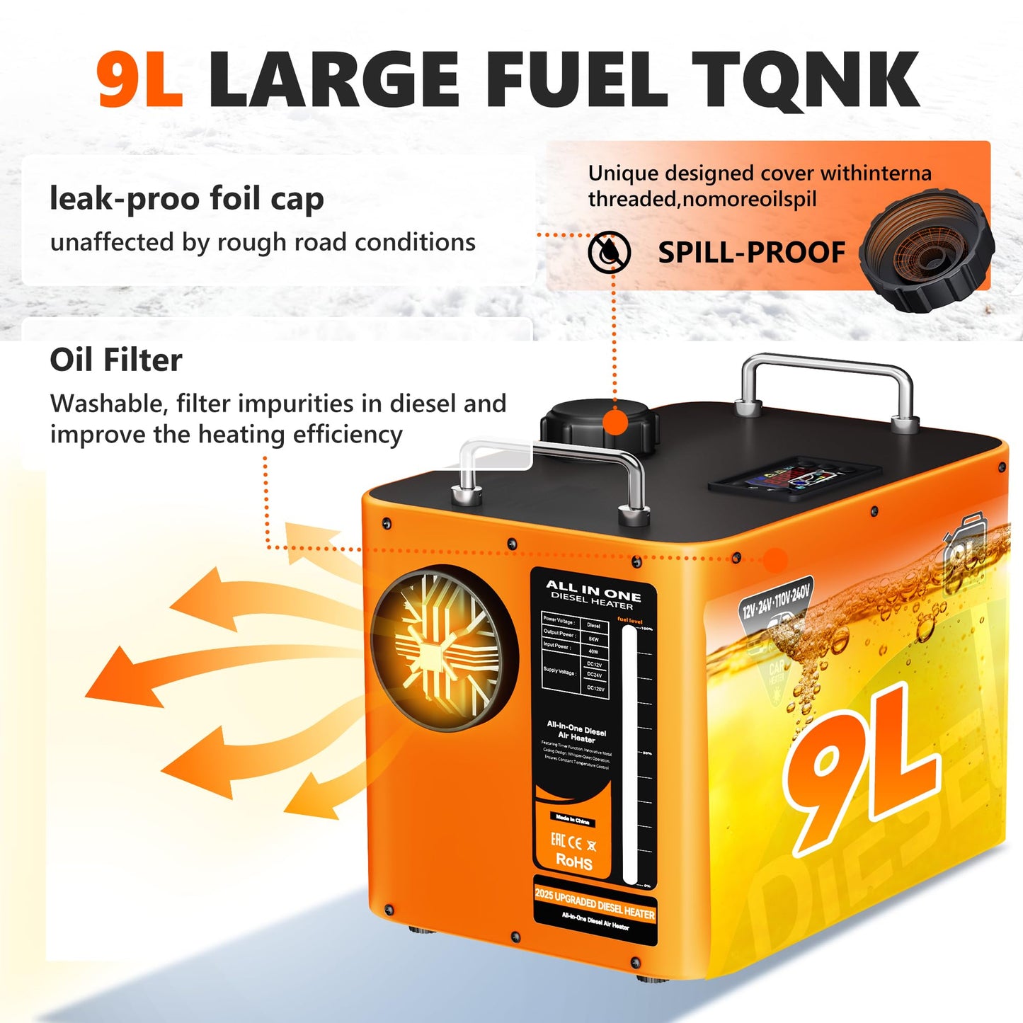 SILVEL Diesel Heater 8KW 110V/12V/24V, All-in-One 9L-10L Portable Diesel Air Heater with LCD Screen, Remote Control, Suitable for Car, Camper, RV, Truck, Home, Garage, Shop, Boat, Orange