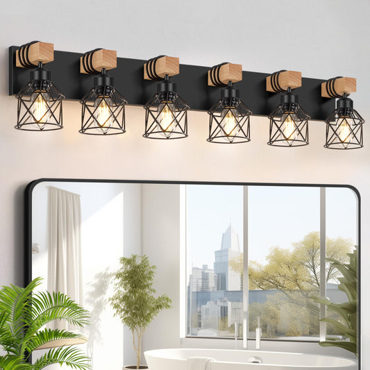 Fadimikoo 6-Light Farmhouse Bathroom Lighting Fixtures  Wood Black Vanity Lights Over Mirror  Rustic Wall Sconces Lighting With Metal Lampshade  Vintage Wall Lights For Bedroom  Living Room  Hallway