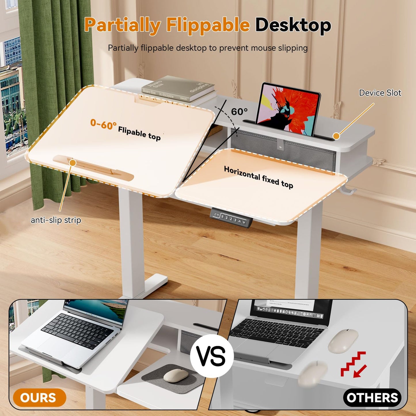 White Standing Desk，60° Tiltable Height Adjustable Electric Rising Desk，40Inch Foldable Mobile Laptop Table with Shelf,Monitor Stand, Drawer ,Flippable Drafting Workstation on Wheels for Kids’ Drawing