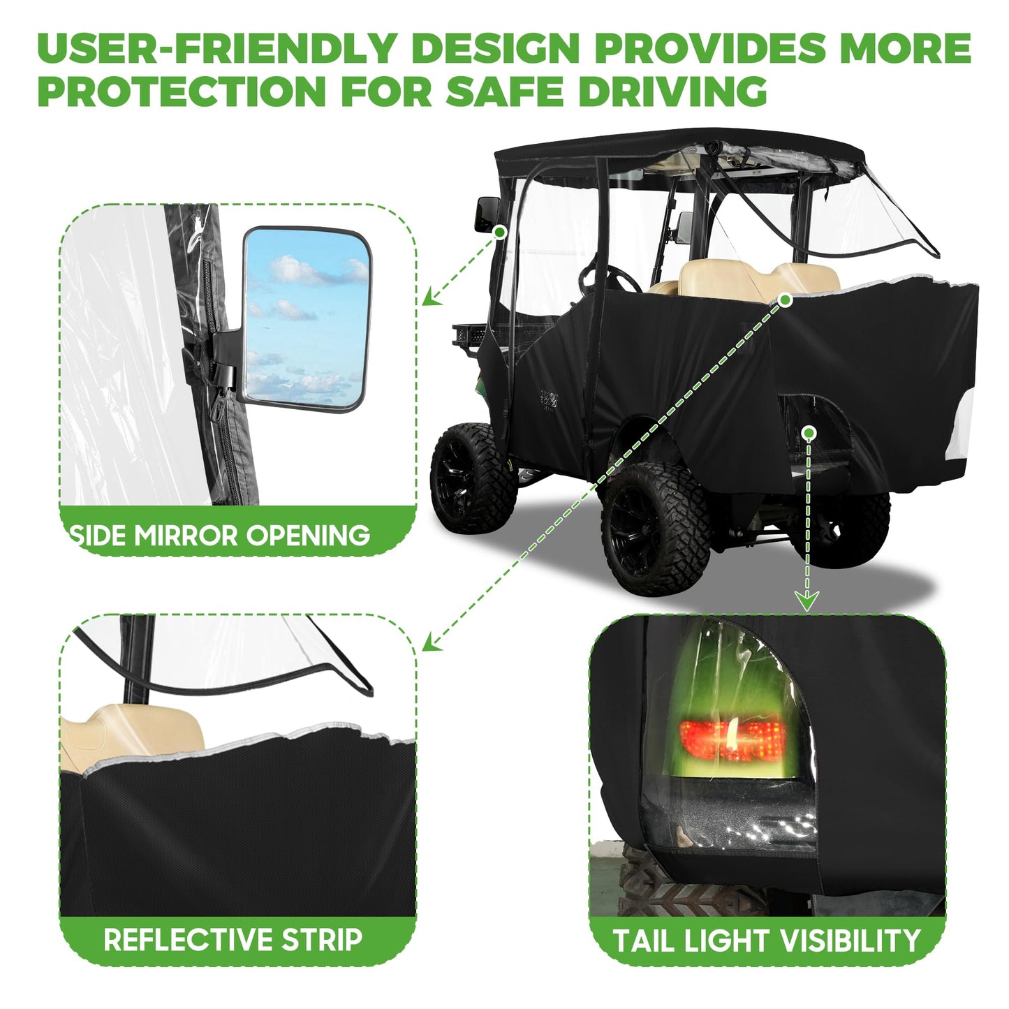 10L0L Golf Cart Driving Enclosure 4 Passenger for Yamaha G14 G16 G22 G29 Drive2 with Heavy Duty Zipper,600D Golf Cart Rain Cover Driving Covers with Roll-up Windshield, 4-Sided Clear Window