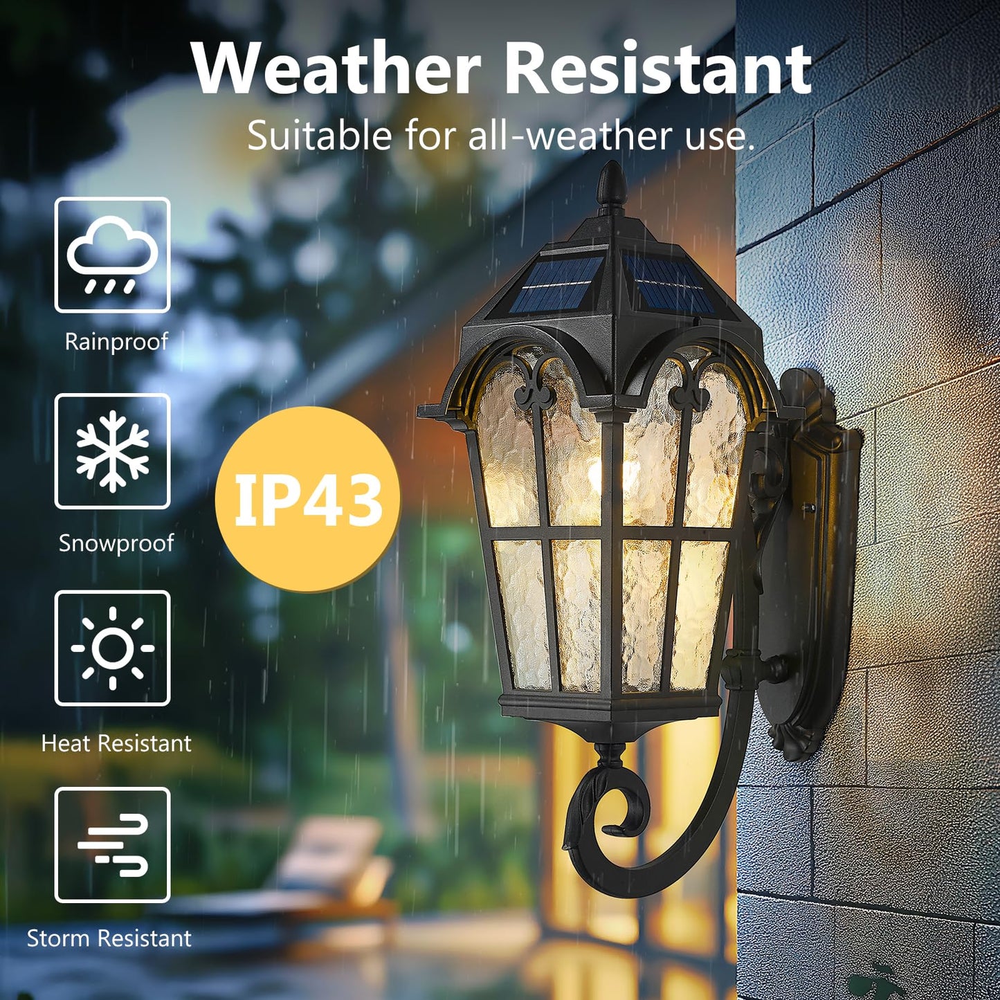 Emliviar Exterior Led Solar Wall Sconce With Remote Control  24 Front Door Wall Lantern With Water Glass Shade  Waterproof Solar Black Wall Light With E26 Bulb  Yxe302Mb-Sl Bk