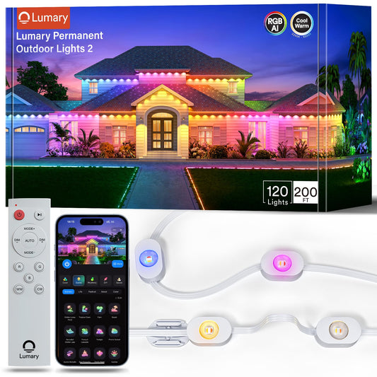 Lumary Permanent Outdoor Lights 2 With Remote  200Ft With 120 Rgbaicw Leds 7200Lm For Daily & Accent Lighting  110+ Scene Modes For Christmas Decor  Ip67 Waterproof  Work With Alexa  Google  White