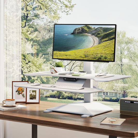 Electric Standing Desk Converter 36" Wide, Height Adjustable Desk Riser, Computer Workstation, Sit-Stand Convertor for Home, Office, School (White, 1 Arm Included)