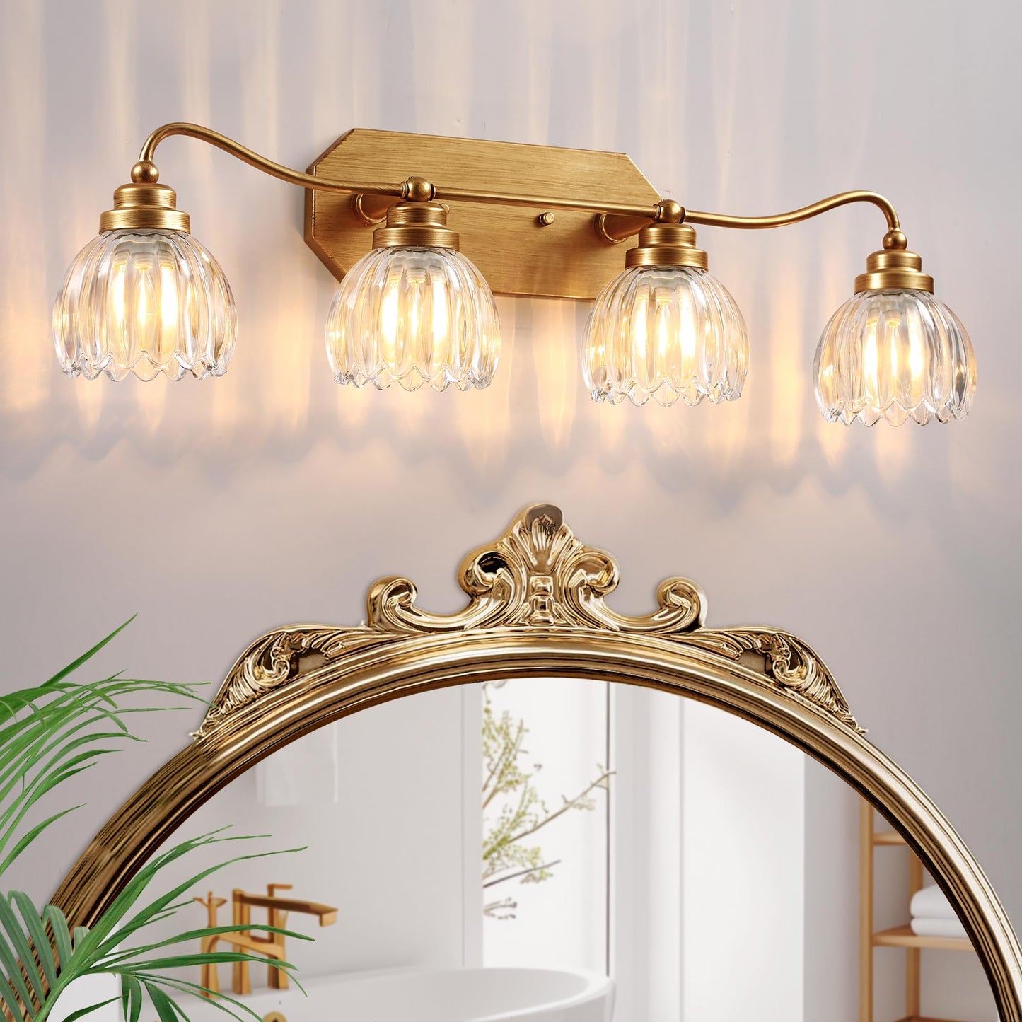 Cmnvmn Vintage Bathroom Light Fixtures  4 Light Gold Bathroom Vanity Light  Matte Antique Brass Finish With Crystal Glass Shade  Wall Sconces Lighting For Bedroom  Living Room  Hallway