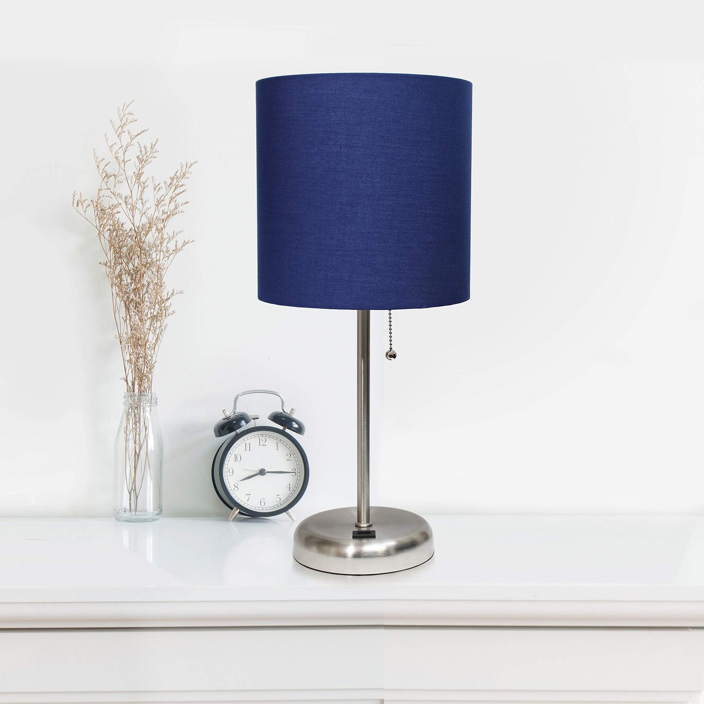 Simple Designs LC2002-NAV-2PK Brushed Steel Table Lamp Set with USB Charging Port, Navy Blue Shades, 2 Pack