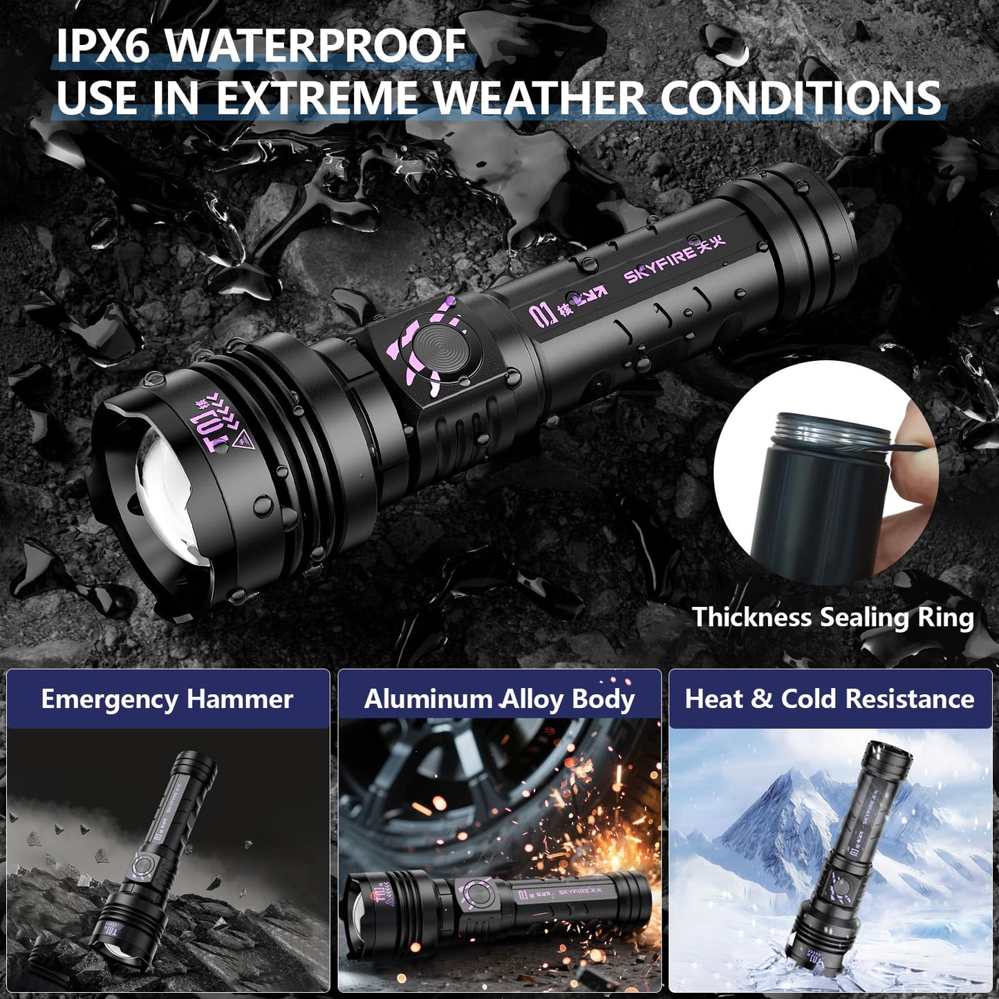 Skyfire Rechargeable Flashlights High Lumens: Led Super Bright Flashlight Zoomable With 5 Modes Ipx6 Waterproof Handheld Powerful Flash Light For Camping  Emergency  Holiday Gift (With Ignition Lens)