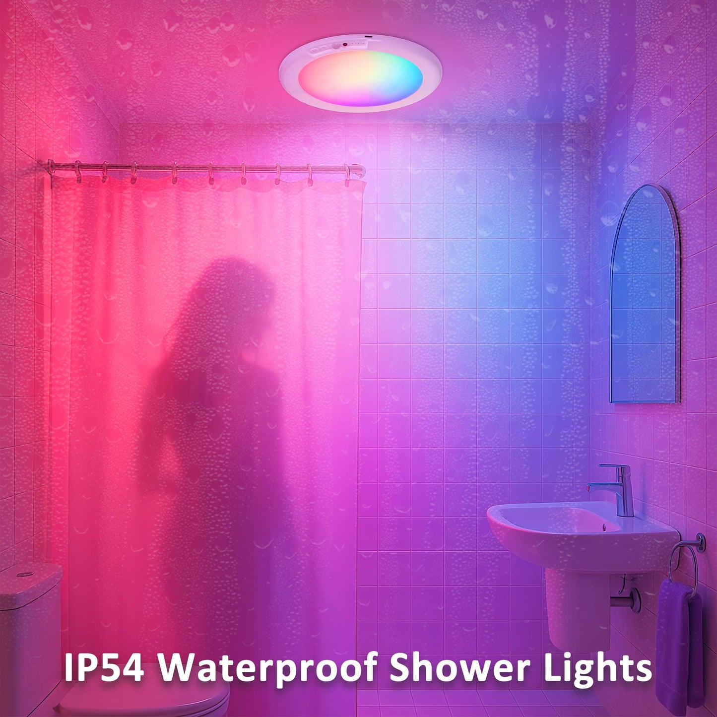 Maylit Shower Lights 4 Pack  Rgbw Rechargeable Ceiling Light  Waterproof Battery Operated Lamp  Wireless Stick On Inside Motion Sensor Mood Led Lighting For Bathroom No Wiring  Indoor
