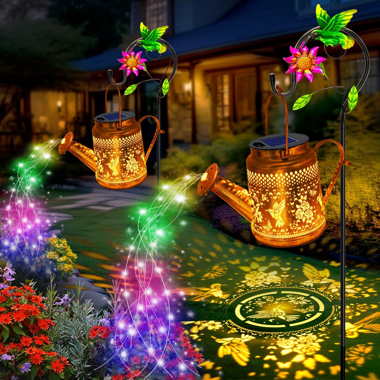 2 Pack Solar Lanterns Outdoor Waterproof Hummingbird Watering Can Garden Decor Hanging Solar Path Lights Yard Art Outside Patio Decorations Gardening Birthday Gifts For Mom Grandma Women (With Hook)