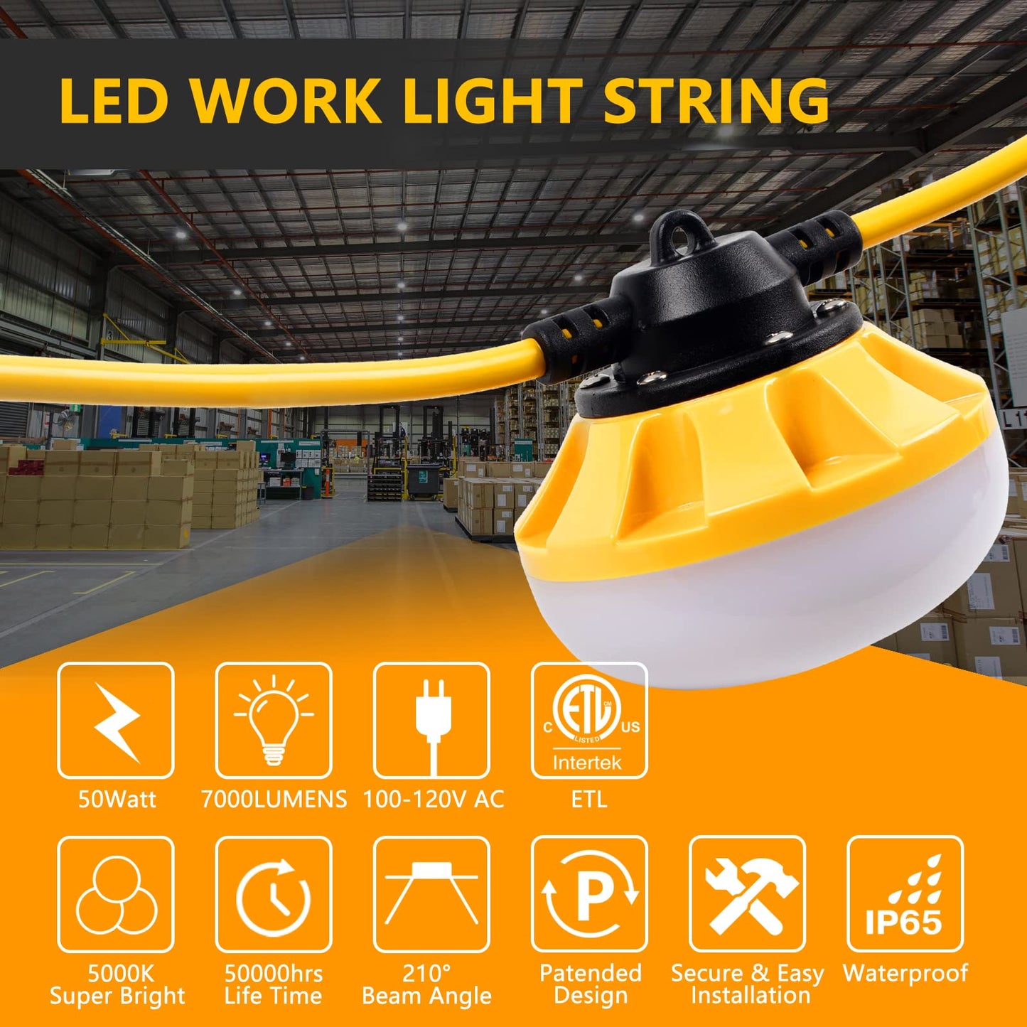Muasdae 50FT LED Construction String Lights, Industrial Grade, Yellow, 2 Prong, Model zYd-g-011, Ideal for Outdoor Lighting Solutions