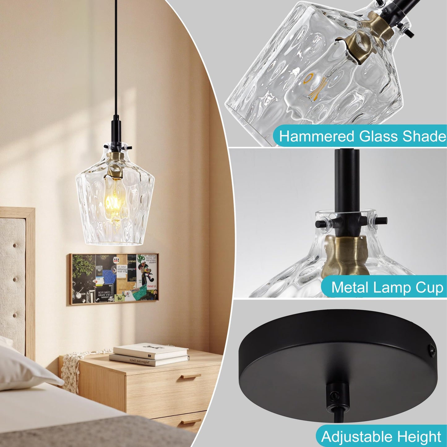 Vaziden Modern Hammered Glass Pendant Lighting For Kitchen Island 1 Pack  Farmhouse Black And Gold Pendant Light Fixtures  Height Adjustable Ceiling Pendant Light  8 Inch