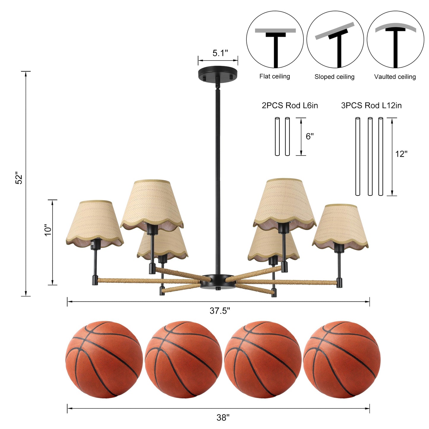 Zxfdwb Boho Rattan Farmhouse Chandelier  6-Light Modern Large Black Pendant Light  Rustic Adjustable Hanging Lighting Fixture For Dining Room  Kitchen Island Living Room
