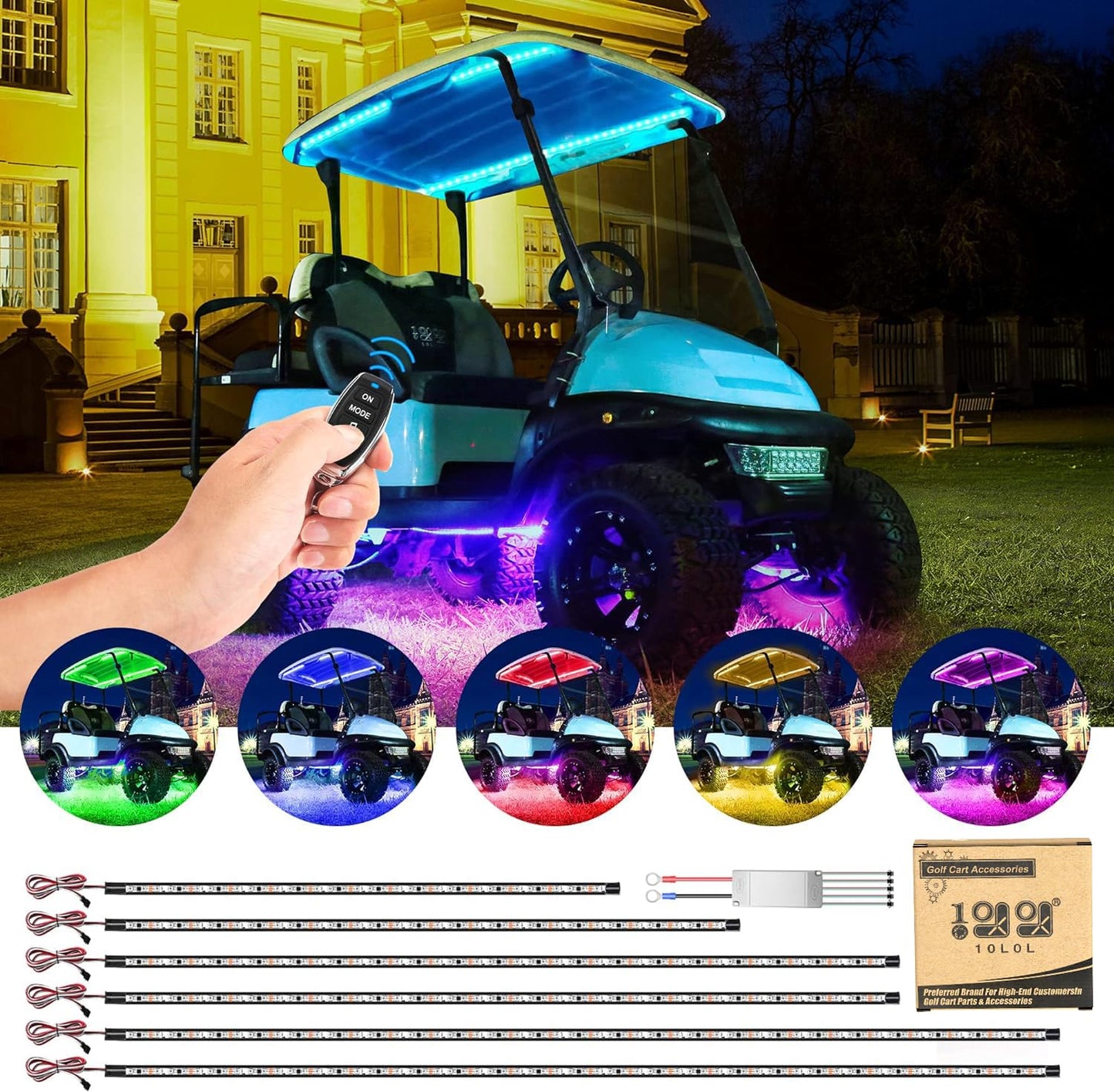 10L0L Golf Cart Led Light Strip Kit - 6Pcs Underglow, 24 Modes, Wireless Remote, Water Resistant, Includes Canopy Lights