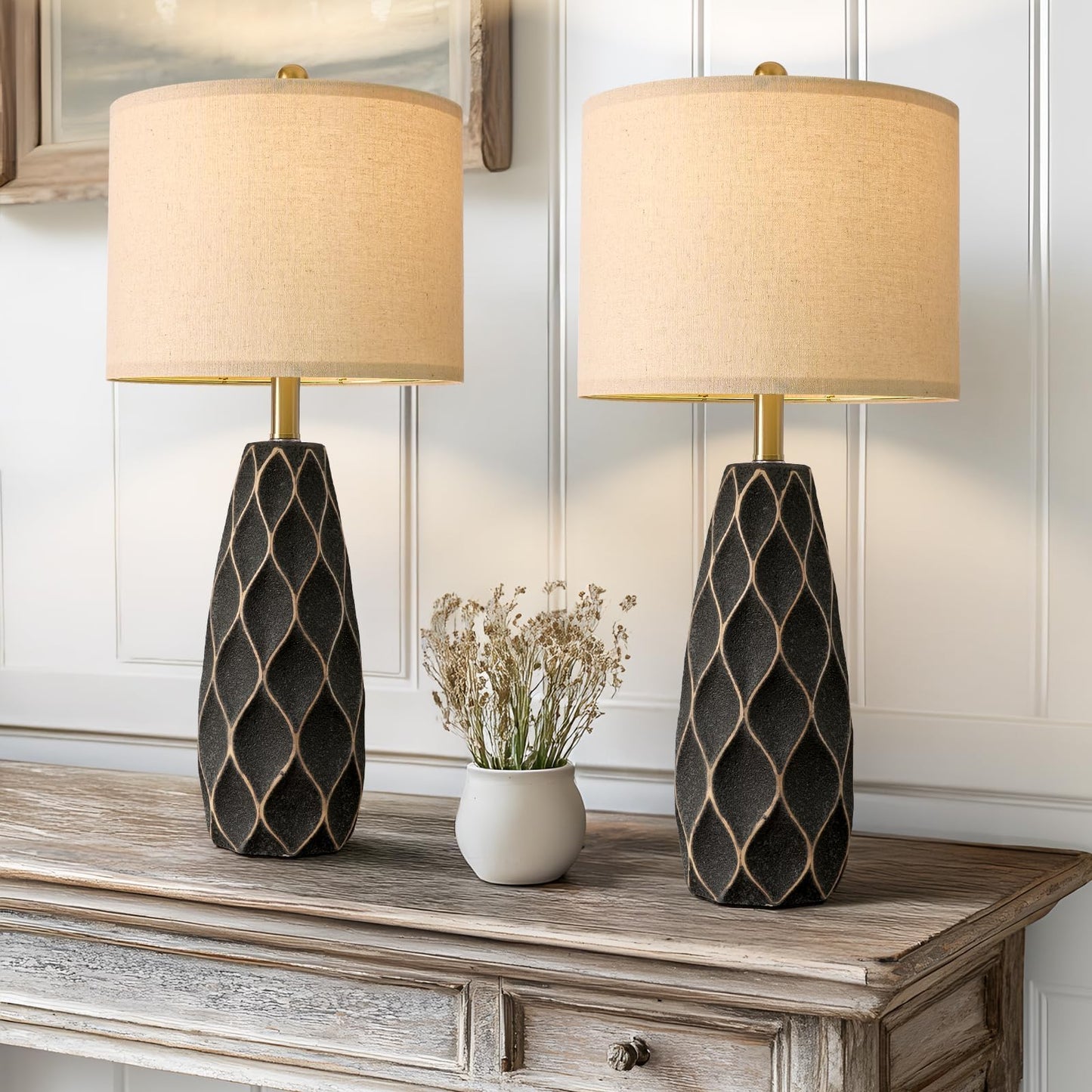 Portres 27.5 Ceramic Table Lamps For Bedroom Living Room Lamps Set Of 2 Modern Bedside Nightstand Lamp Farmhouse Vintage Rustic Boho Retro Large Table Lamps Light Home Office Desk Deco Gifts  Black