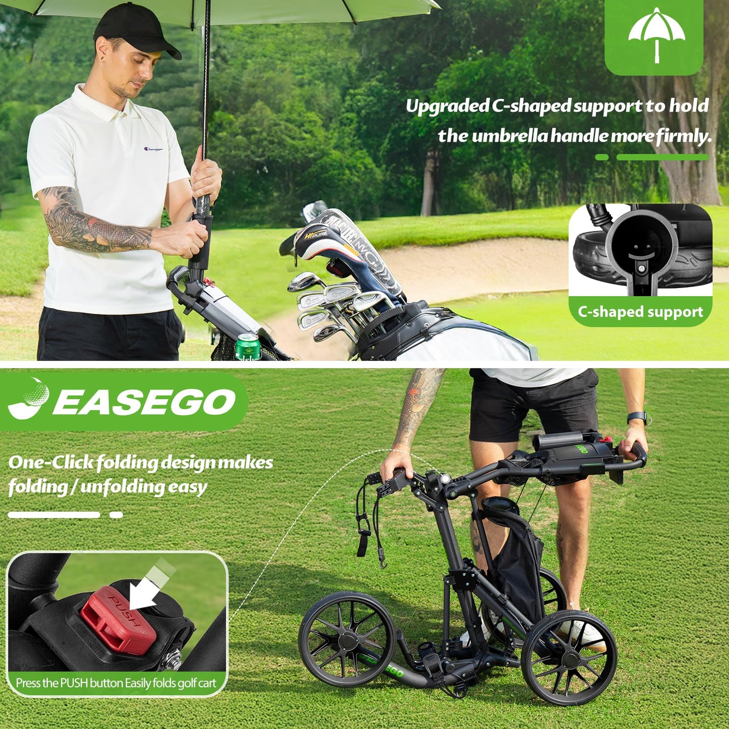 EASEGO Golf Push Cart 3 Wheel : Golf Bag Cart Foldable with Phone Holder/Cup/Umbrella Holder Compact Golf Pull Carts Quick Fold Golf Caddy Push Carts with Large Wheelbase for Different Terrain(Black)