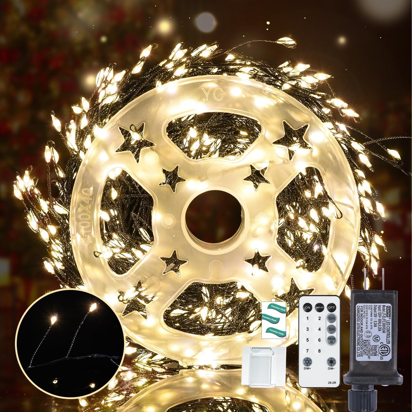 Lycklig Fairy Lights Plug In 32.8Ft 500Led Warm Christmas Wreath Twinkle Lights With Timer Waterproof Remote Fire er Firefly Cluster String Light For Bedroom Graland Party Tree Decor Black Wire