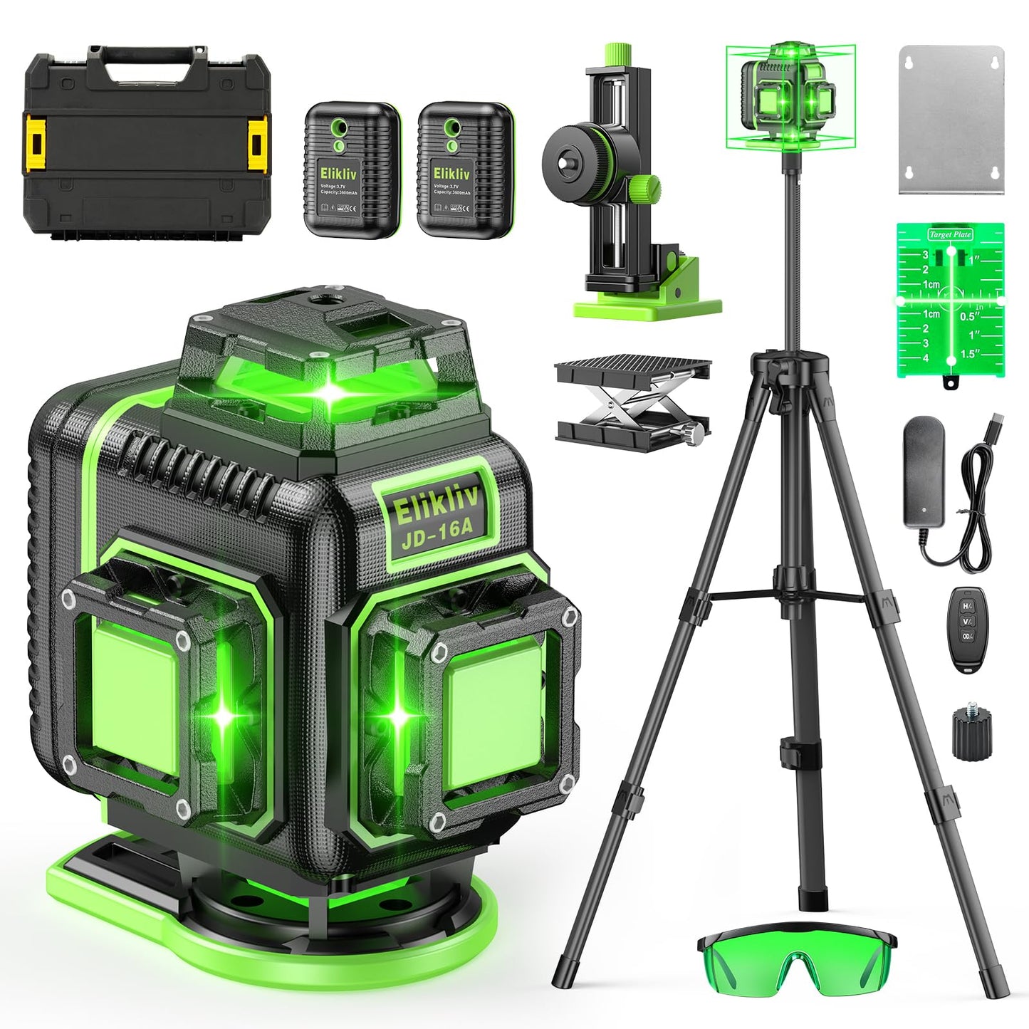 Laser Level 360 Self Leveling with Tripod, Elikliv 4D Laser Level, 165Ft Green Laser Level Lines Tool, 4x360° Cross Line Laser for Construction, Picture Hanging, Floor Tile, Renovation