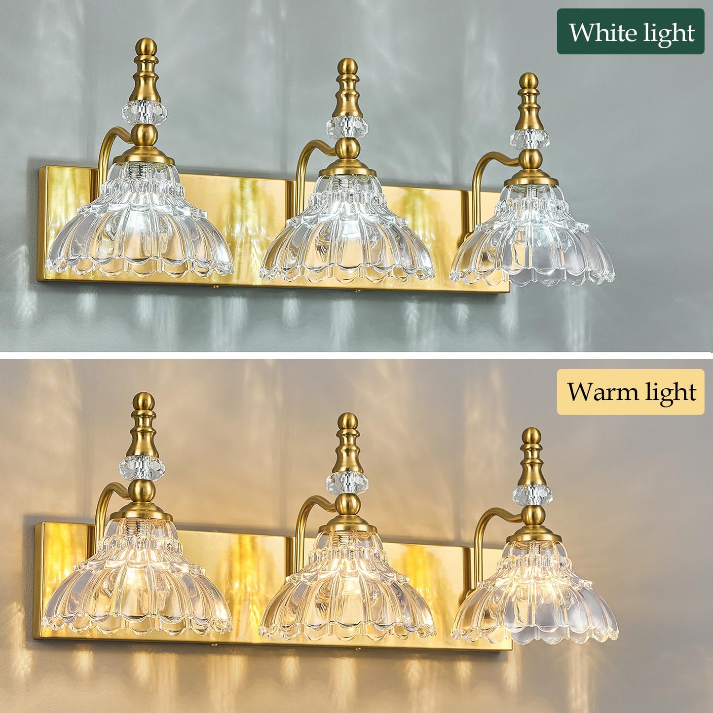 Lbsqj Vintage Bathroom Vanity Light  3-Light Gold Vanity Lighting Fixture With Flower Glass Shade  Bathroom Lighting Fixtures Over Mirror