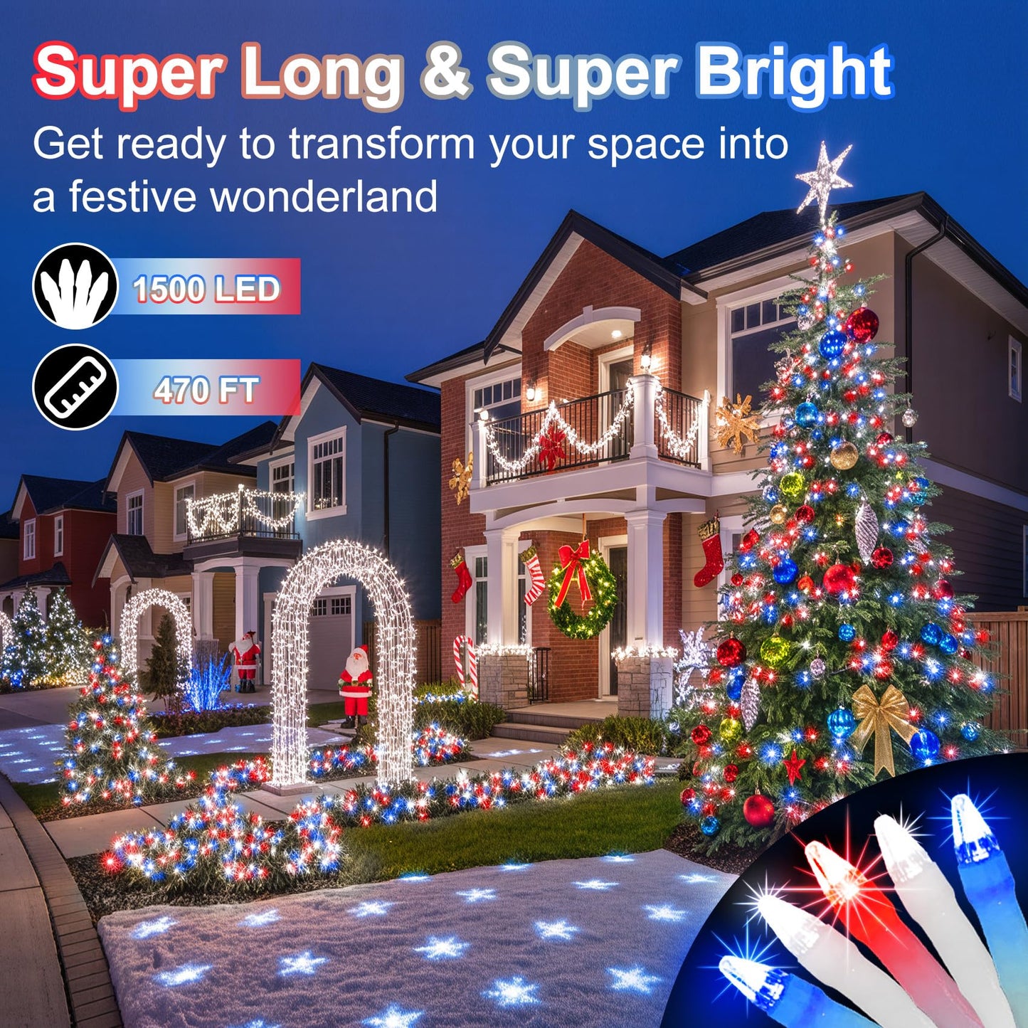 1500 Led 470Ft Christmas String Lights Outdoor  12 Pro Modes And Timer Memory & Brightness  Plug In Waterproof Clear Wire Twinkle Light For For Xmas Yard Tree Wedding Party Decor Red White Blue