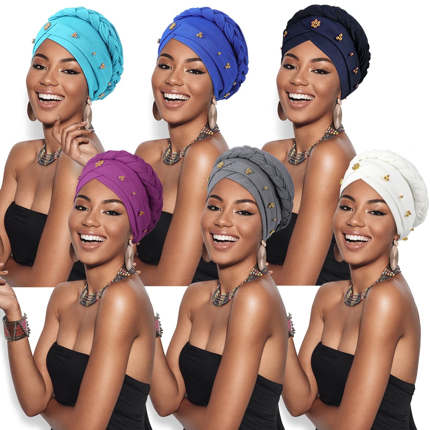 6 Pieces Women African Turban Head Wraps Caps Twisted Braid Beaded Elastic Wrap Cap