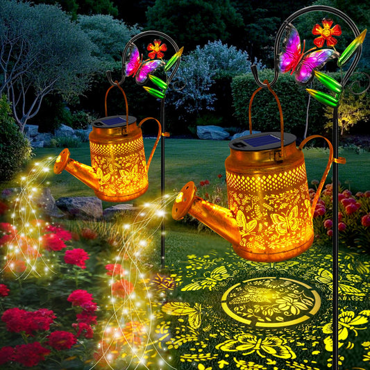 2 Pack Solar Powered Butterfly Watering Can Lights Waterproof Outdoor Decor With Shepherd Hook Hanging Patio Lights For Yard  Garden  Backyard Perfect Gardening Birthday Gift For Women  Mom  Grandma