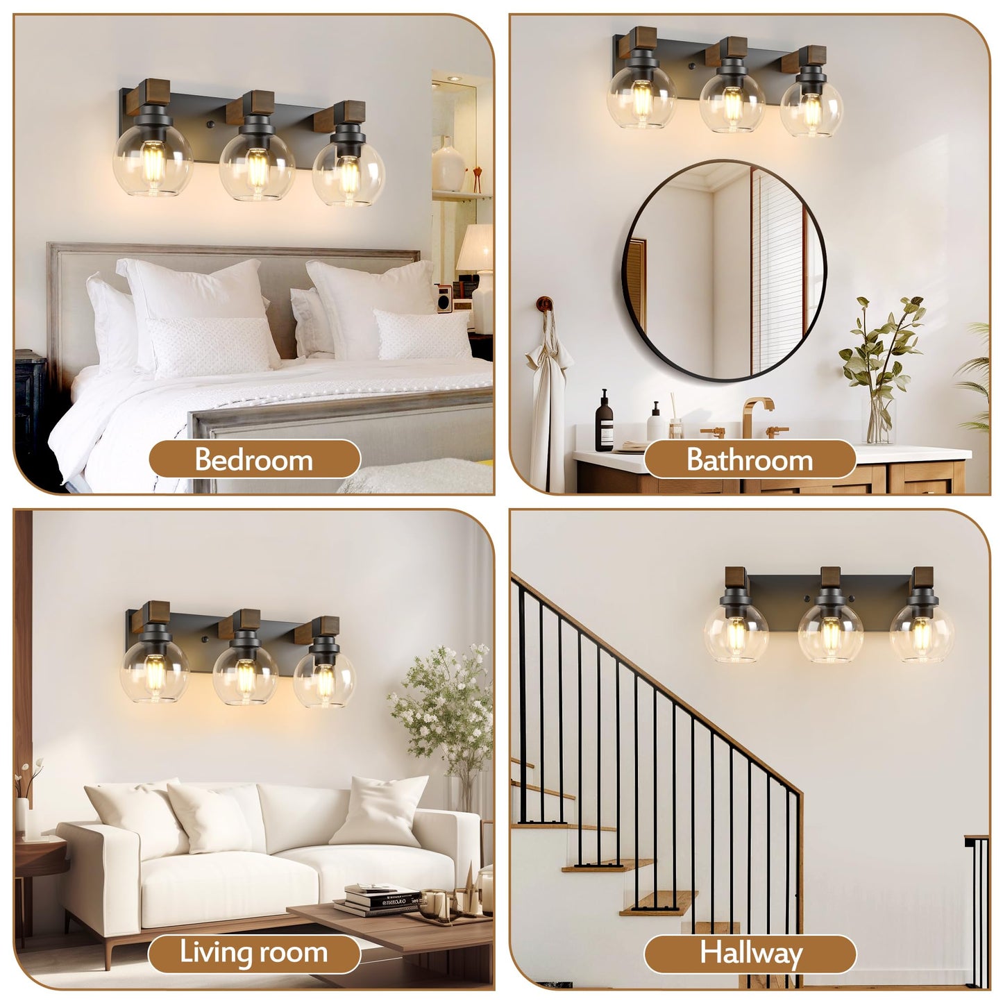 Farmhouse Bathroom Vanity Light Fixtures  3-Light Wood Bathroom Light Fixtures Over Mirror  Rustic Sconces Wall Lighting With Glass Shade For Living Room  Bedroom  Hallway